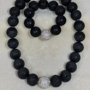 Lava Stone and Crystal Natural Black Jumbo chunky Necklace and Bracelet Set